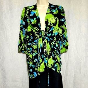 CSC Studio Vibrant Green and Blue Paisley Floral Wrap Top (1X)